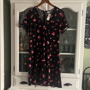 GAP Black Midi Dress with Pink Floral Pattern